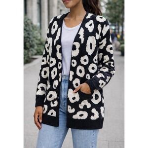 BTFBM Long Black White Open Knit Longsleeve Cardigan Womens Size XL‎